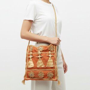 Vintage Burlap & Jute Tote Bag with Artisanal Doll & Flower Appliqué Folk Art